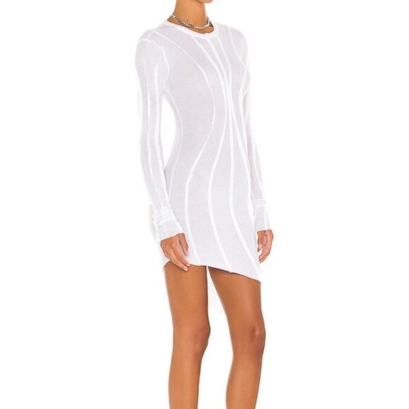 SAMI MIRO VINTAGE Asymmetric Baby Rib Mini Dress in White long sleeve bodycon - Picture 2 of 4